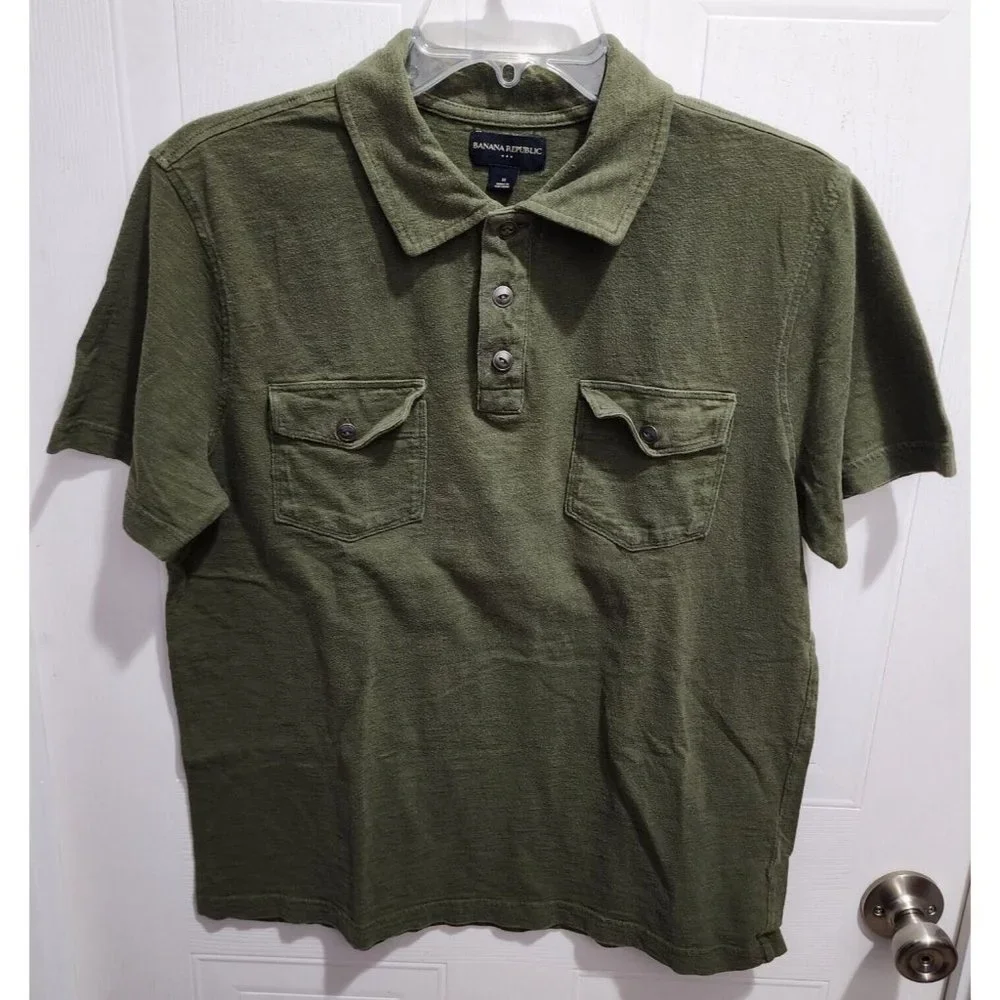 Banana Republic Olive Green‎ Double Pocket Short Sleeve Polo Mens Size M Cotton